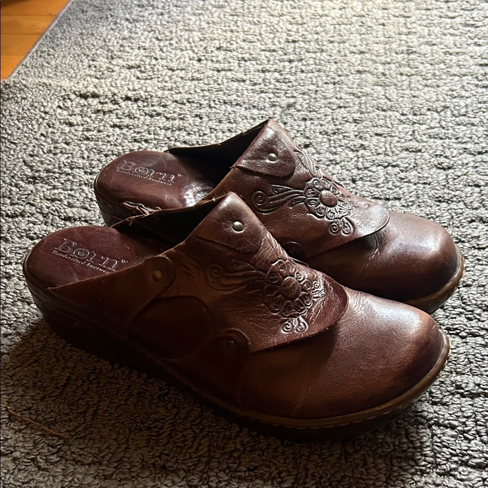 Born Embossed Brown Leather Clogs